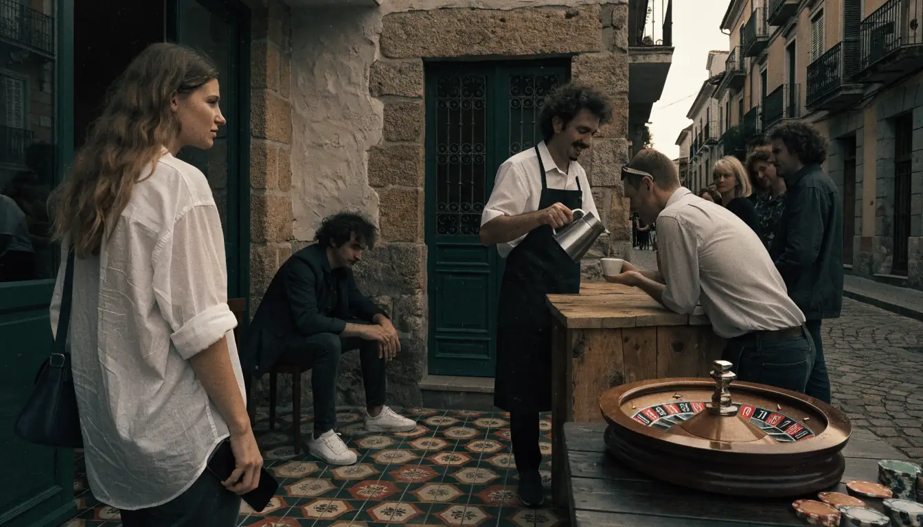 Café español al atardecer con ruleta y fichas de casino