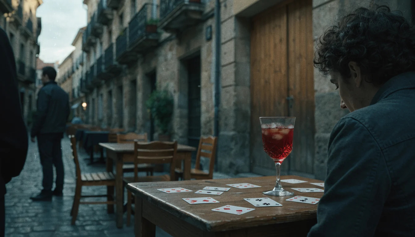 Café español con cartas y sangría al atardecer