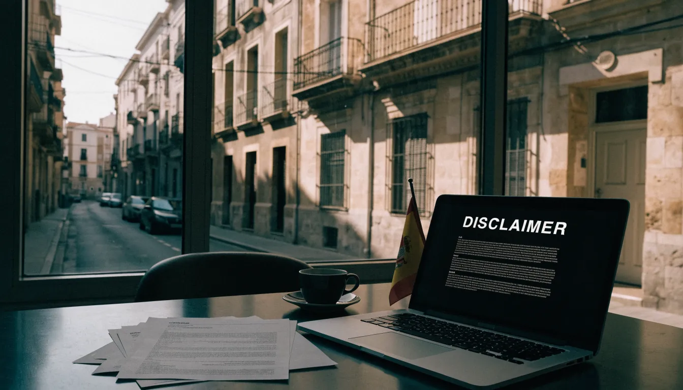 Escritorio legal en oficina española con laptop y bandera