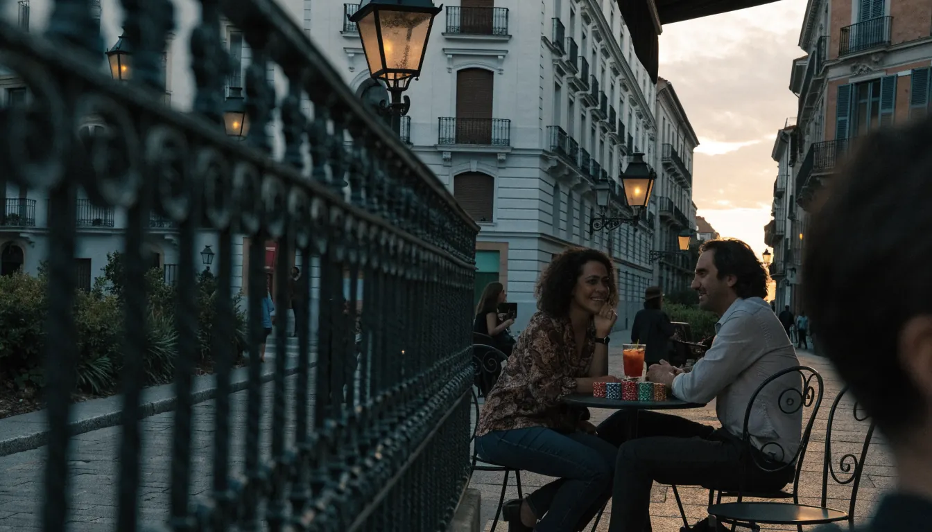 Pareja feliz con fichas de casino en una terraza española al atardecer.