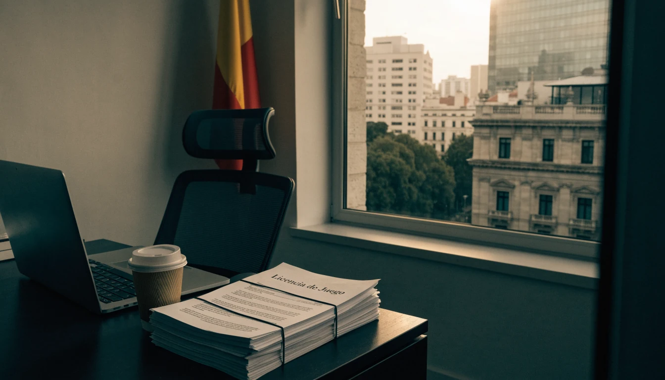Escena de oficina española con documentos de licencia y bandera