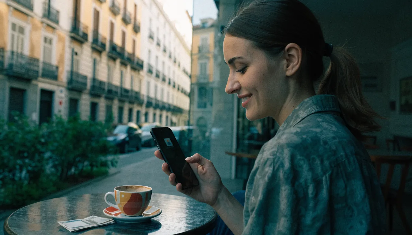 Mujer feliz en café con smartphone y euros