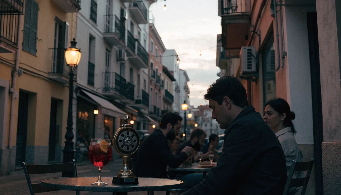 Café español al atardecer con decoración de tragamonedas