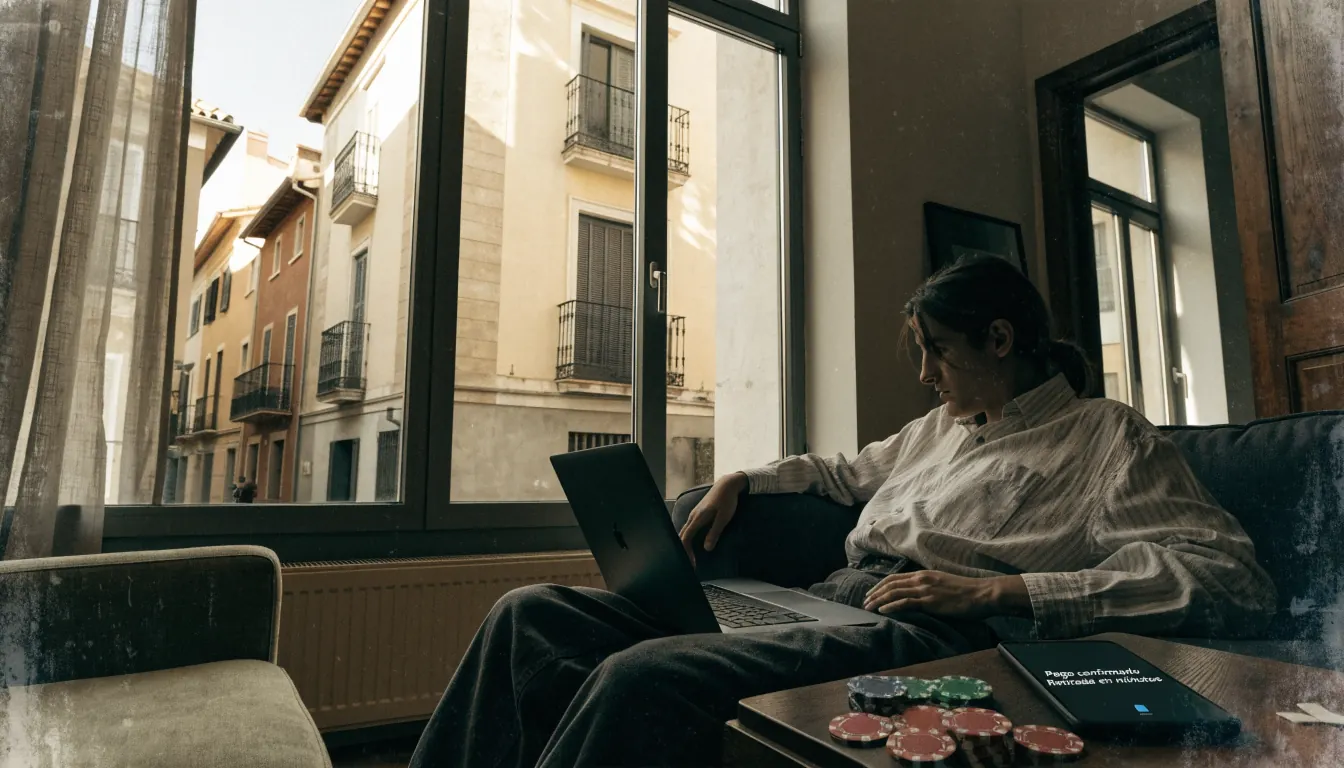 Persona española en salón moderno mirando laptop con fichas de casino y notificación de pago rápido.