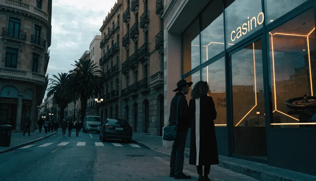 Fachada de casino con rueda de ruleta al atardecer en España