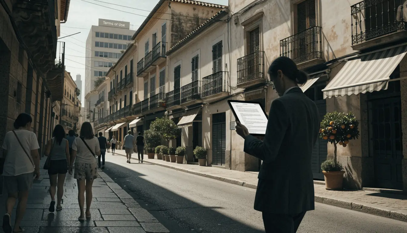 Persona con tablet mostrando términos en una calle española soleada
