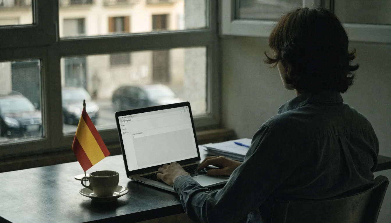 Escena de oficina española con laptop y taza de café