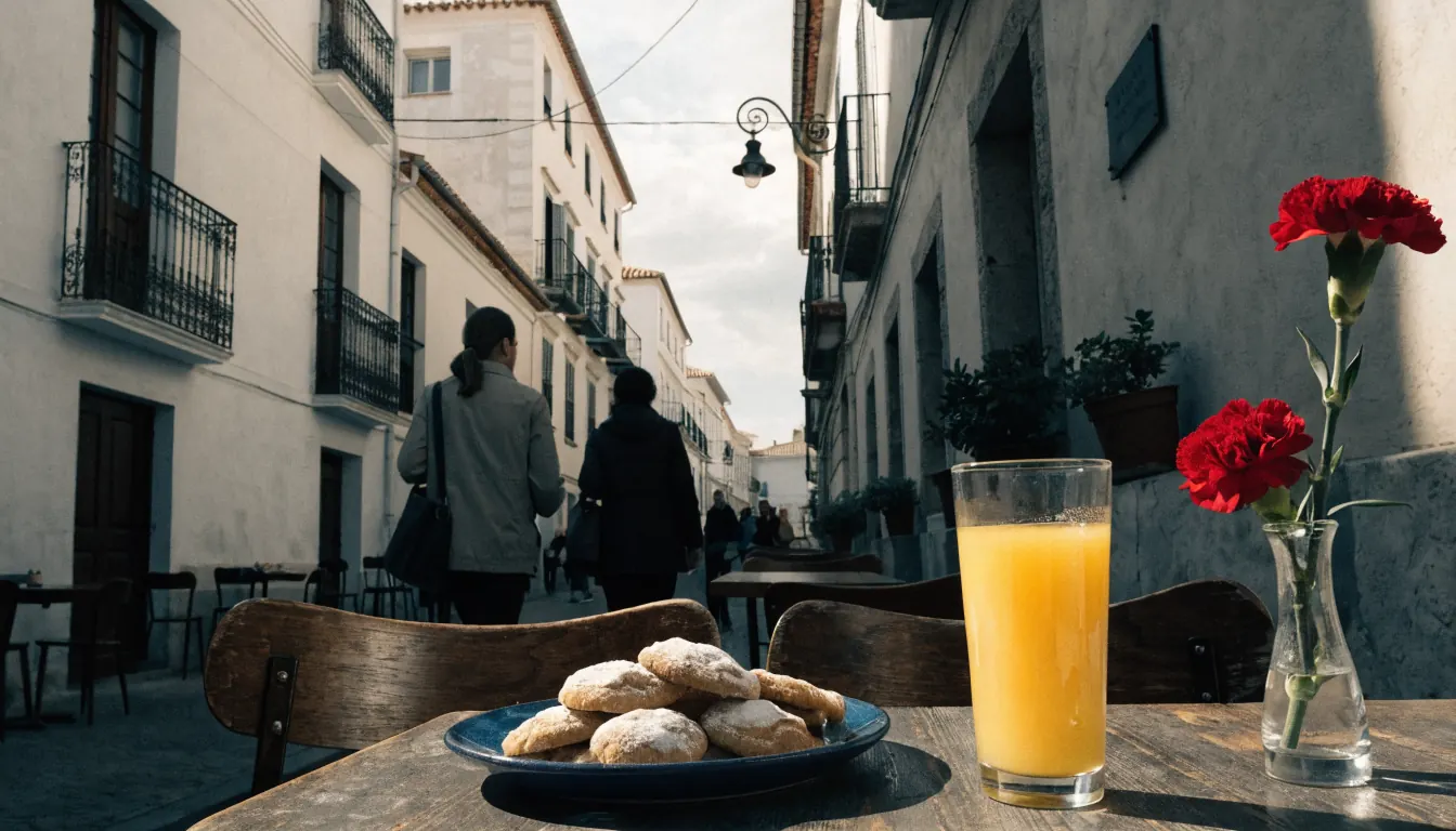 Terraza española con galletas y arquitectura típica bajo luz solar