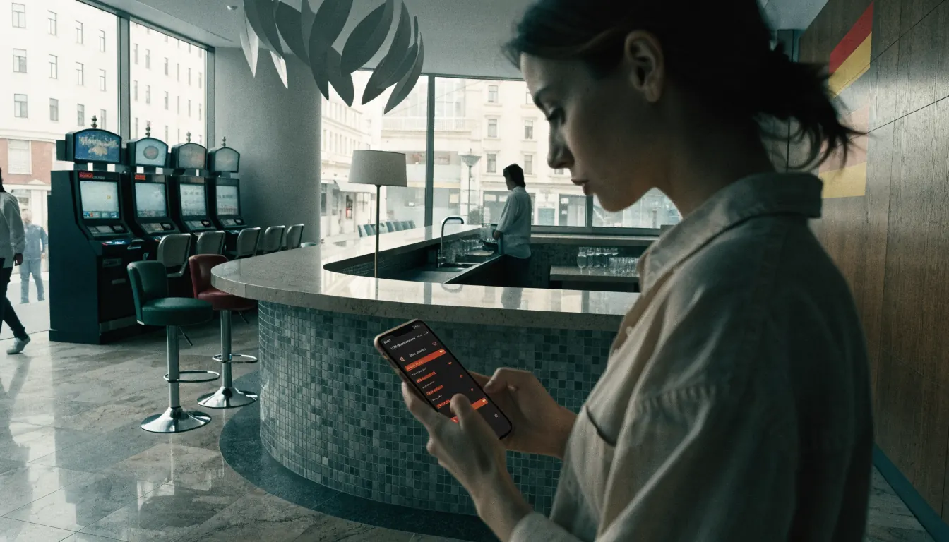 Interior de casino español con mujer usando smartphone y bandera de España