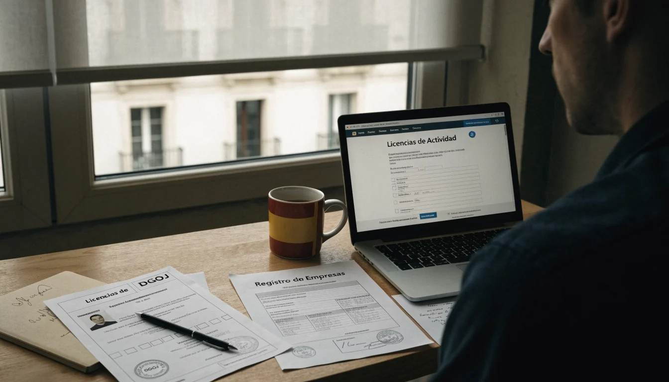 Escritorio con documentos de licencia DGOJ y portátil abierto