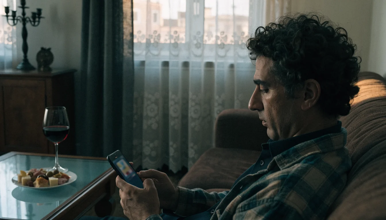 Hombre español revisando su móvil con tapas y vino.