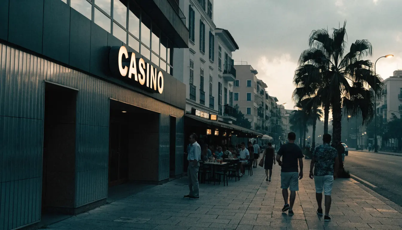 Escena nocturna de casino en una calle española con palmeras y gente.