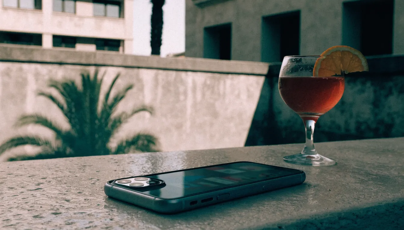 Smartphone en terraza española con cóctel y palmeras