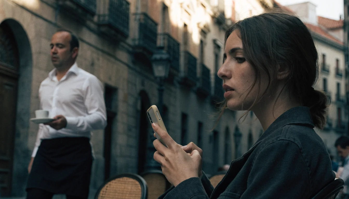 Mujer española pagando casino con móvil en una terraza de Madrid