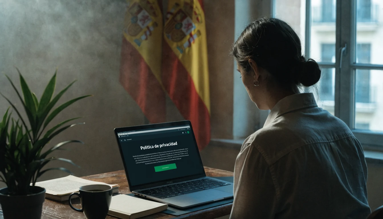 Persona en oficina española revisando política de privacidad en laptop