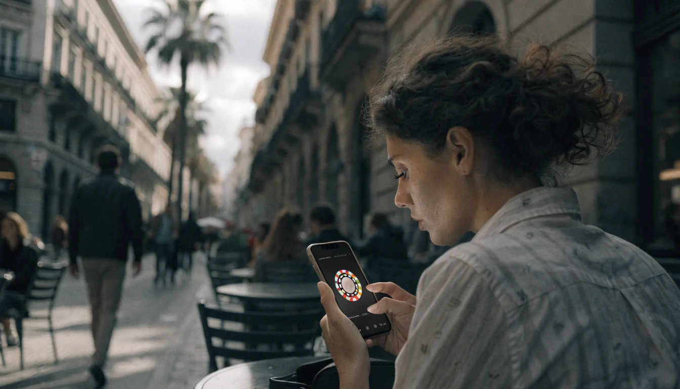 Mujer española en terraza de café con símbolo de fichas de casino